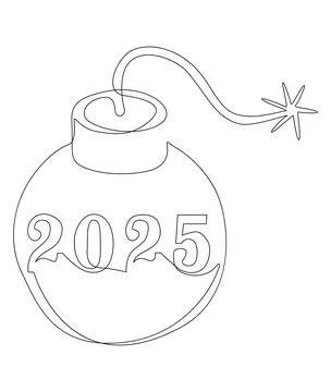 One continuous line of bomb with number 2025. Thin Line Illustration vector.. Stock Illustration