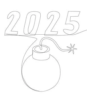 One continuous line of bomb with number 2025. Thin Line Illustration vector.. Stock Illustration