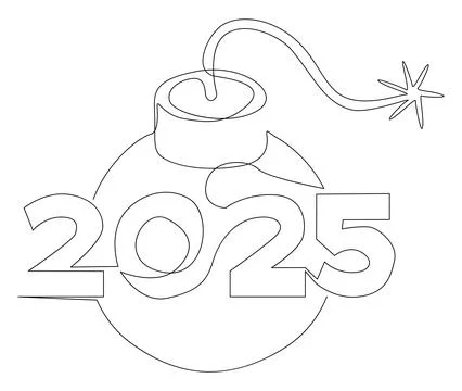 One continuous line of bomb with number 2025. Thin Line Illustration vector.. Stock Illustration