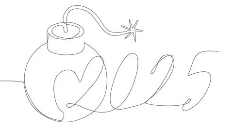 One continuous line of bomb with number 2025. Thin Line Illustration vector.. Stock Illustration