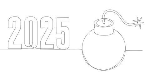 One continuous line of bomb with number 2025. Thin Line Illustration vector.. Stock Illustration
