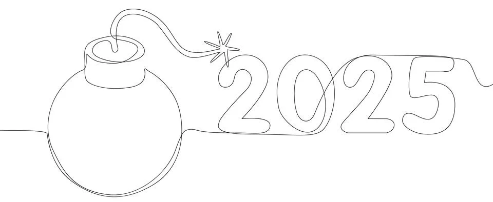 One continuous line of bomb with number 2025. Thin Line Illustration vector.. Stock Illustration