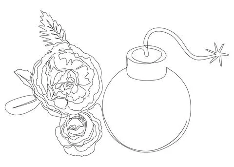 One continuous line of Bomb with rose flowers. Thin Line Illustration vecto.. Stock Illustration