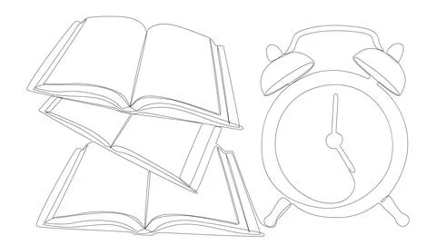 One continuous line of Book with Alarm Clock. Thin Line Educational Illustr.. Illustrazione stock