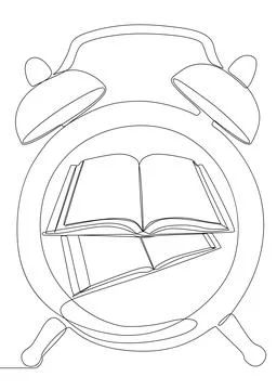 One continuous line of Book with Alarm Clock. Thin Line Educational Illustr.. Illustrazione stock