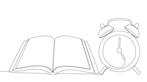 One continuous line of Book with Alarm Clock. Thin Line Educational Illustr.. Illustrazione stock