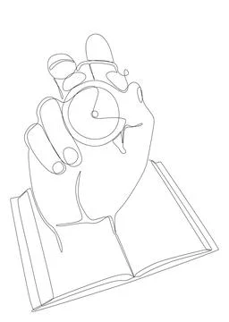 One continuous line of Book with Alarm Clock. Thin Line Educational Illustr.. Illustrazione stock