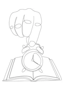 One continuous line of Book with Alarm Clock. Thin Line Educational Illustr.. Illustrazione stock