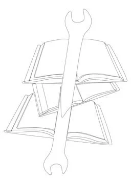 One continuous line of Book with Wrench. Thin Line Illustration Instruction.. Illustrazione stock