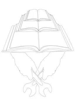 One continuous line of Book with Wrench. Thin Line Illustration Instruction.. Stock Illustration