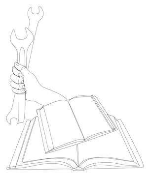 One continuous line of Book with Wrench. Thin Line Illustration Instruction.. Stock Illustration