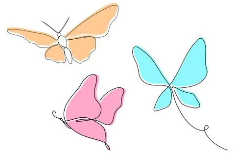 One continuous line butterfly vector pink illustrations set. Single line hand Stock Illustration