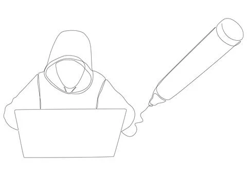 One continuous line of Computer Hacker drawn by with felt tip pen. Thin Lin.. Stock Illustration