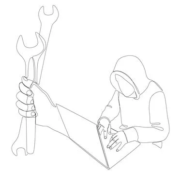 One continuous line of Computer Hacker with Laptop and Wrench. Thin Line Il.. Stockillustratie