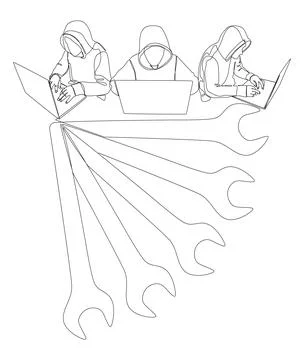 One continuous line of Computer Hacker with Laptop and Wrench. Thin Line Il.. イラスト素材