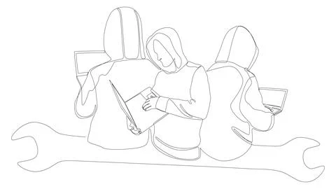 One continuous line of Computer Hacker with Laptop and Wrench. Thin Line Il.. 库存插图