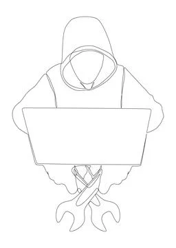 One continuous line of Computer Hacker with Laptop and Wrench. Thin Line Il.. Illustrazione stock