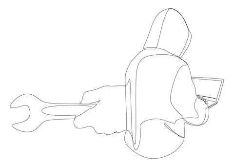 One continuous line of Computer Hacker with Laptop and Wrench. Thin Line Il.. Stockillustratie