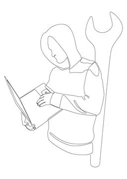One continuous line of Computer Hacker with Laptop and Wrench. Thin Line Il.. Stock Illustration