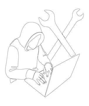 One continuous line of Computer Hacker with Laptop and Wrench. Thin Line Il.. 库存插图
