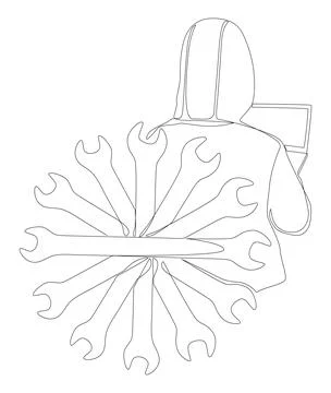 One continuous line of Computer Hacker with Laptop and Wrench. Thin Line Il.. Illustrazione stock