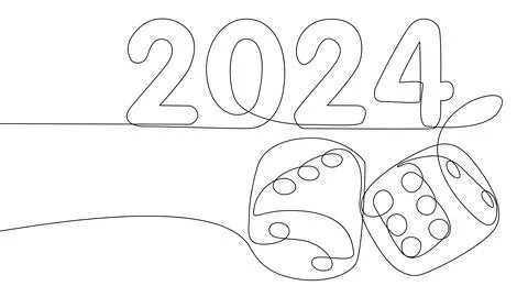 One continuous line of dice with number 2024. Thin Line Illustration vector.. Stock Illustration