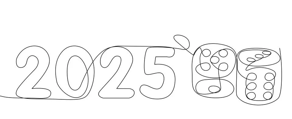 One continuous line of dice with number 2025. Thin Line Illustration vector.. Stock Illustration