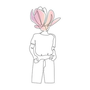 One continuous line Drawing of Abstract woman silhouette with flower. Modern Stock Illustration