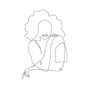 One continuous line drawing of Abstract woman with curly hair in t-shirt. Modern Stock Illustration