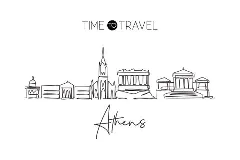 One continuous line drawing of Athens city skyline Greece. Beautiful landmark Illustrazione stock