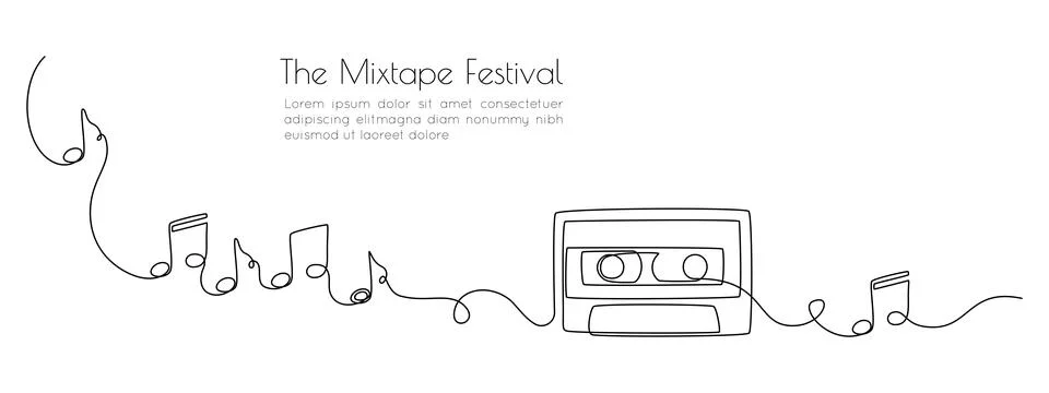 One continuous line drawing of audio cassette tape with notes. Retro and Stock Illustration