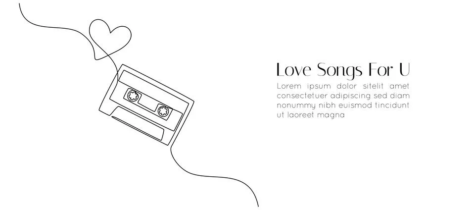 One continuous line drawing of audio cassette tape with heart. Retro and vintage Stock Illustration