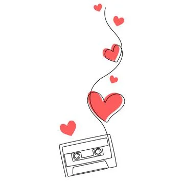 One continuous line drawing of audio cassette tape with red hearts. Retro and Stock Illustration