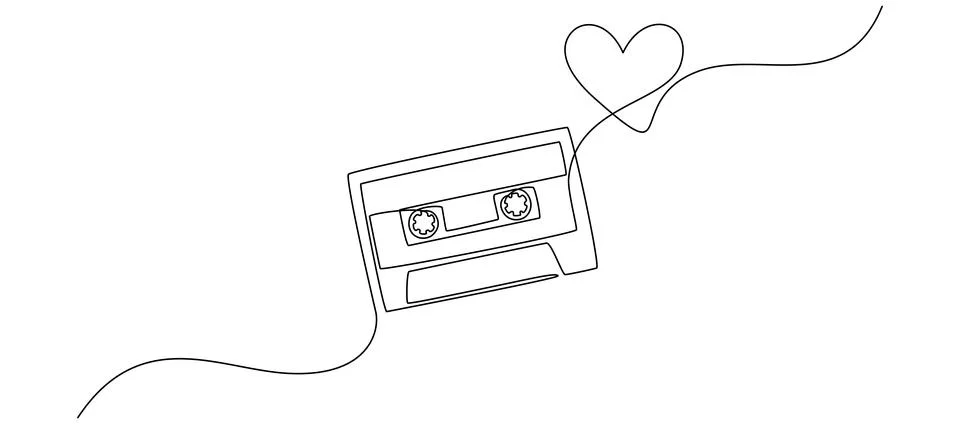 One continuous line drawing of audio cassette tape with heart. Retro and vintage Stock Illustration