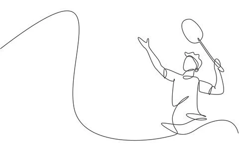 One continuous line drawing of badminton player hit shuttlecock with racket Illustrazione stock