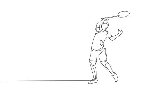 One continuous line drawing badminton player defense to take opponent hit Stock Illustration