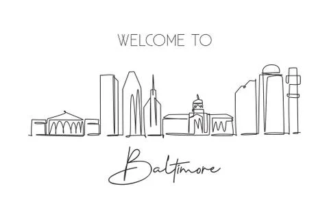One continuous line drawing of Baltimore city skyline USA. Beautiful landmark Stock Illustration