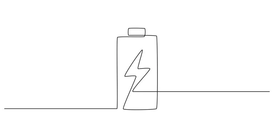 One continuous line drawing of battery charging. Lightning bolt symbol and Stock Illustration