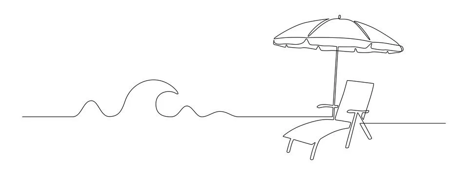 One continuous line drawing of beach umbrella and chair with wave. Concept of Stock Illustration