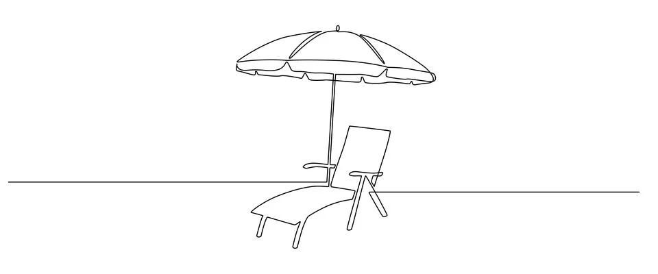 One continuous line drawing of beach umbrella and chair. Concept of summer Stock Illustration