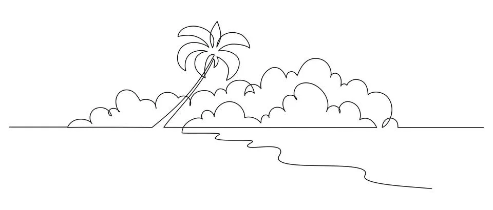 One continuous line drawing of beach with palm tree. Abstract tropical landscape Stock Illustration