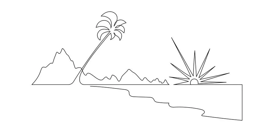 One continuous line drawing of beach with palm tree. Abstract tropical landscape Stock Illustration