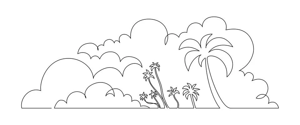 One continuous line drawing of beach with palm tree. Abstract tropical landscape Stock Illustration