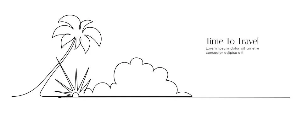 One continuous line drawing of beach with palm tree. Abstract tropical landscape Stock Illustration