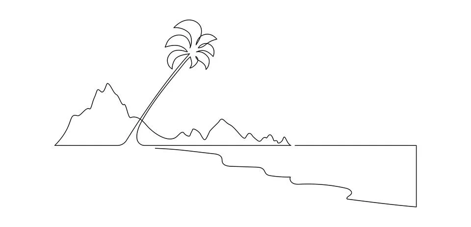 One continuous line drawing of beach with palm tree. Abstract tropical landscape Stock Illustration