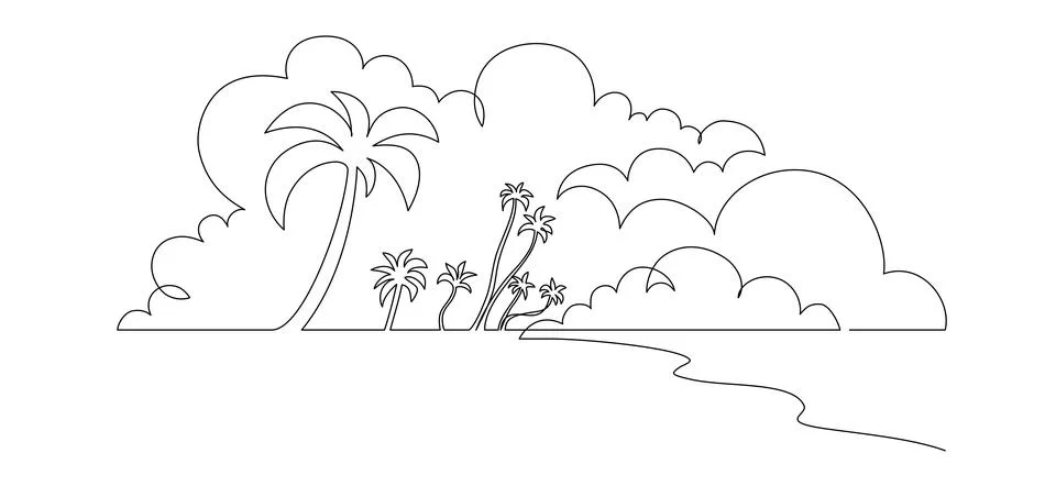 One continuous line drawing of beach with palm tree. Abstract tropical landscape Stock Illustration