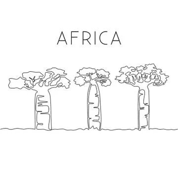 One continuous line drawing of big baobab tree. Decorative adansonia Stock Illustration