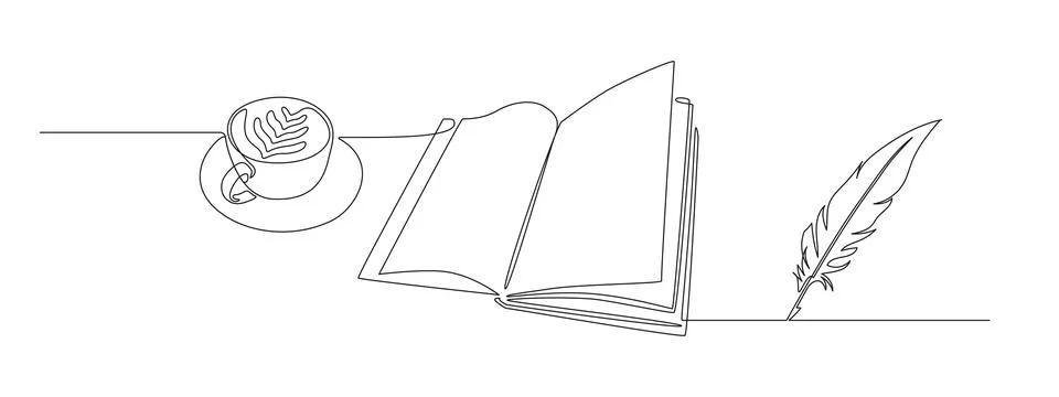One continuous line drawing of bird feather with book and coffee. Writer and Stock Illustration