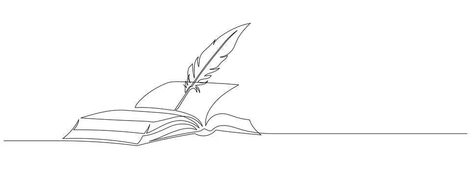 One continuous line drawing of bird feather with book. Writer and poetry symbol Stock Illustration