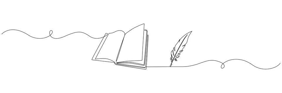 One continuous line drawing of bird feather with book. Writer and poetry symbol Stock Illustration